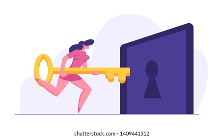 Businesswoman Character Holding Big Key and Try to Unlock Keyhole. Leadership, Career Growth, Business Solution Concept, Solving Problem. Vector flat illustration