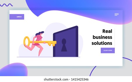 Businesswoman Character Holding Big Key and Try to Unlock Keyhole Landing Page Template. Leadership, Career Growth, Business Solution Concept, Solving Problem Banner. Vector flat illustration