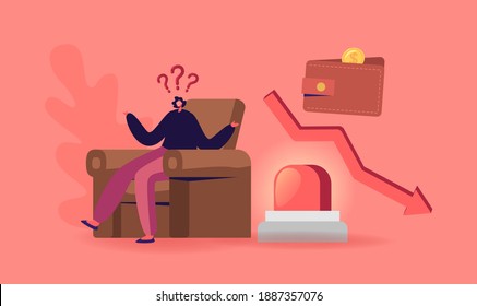 Businesswoman Character Ignoring Problem, Business Finance Crisis Concept. Arrow Diagram Fall Down. Decrease Economy Sale Drop. Investor Bankrupt Lost Money Cost Reduction. Cartoon Vector Illustration