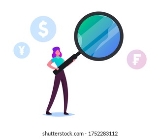 Businesswoman Character Learn Worldwide Economics and Exchange Rate Looking in Huge Magnifier on Different Currency Symbols Franс Yen Pound Dollar, Trading, Macroeconomics. Cartoon Vector Illustration