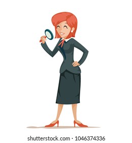 Businesswoman character magnifying glass decision search isolated icon cartoon design vector illustration