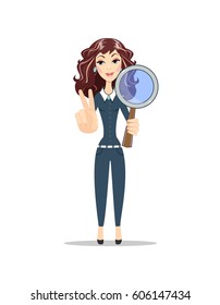 Businesswoman character with a magnifying glass. She shows a sign of victory. Concept search