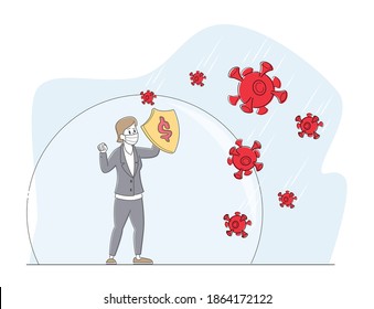 Businesswoman Character in Mask Holding Shield Protect from Covid19 Virus Cells Stand under Huge Bubble Screen. Stop Coronavirus Spreading. Business Woman Warrior Concept. Linear Vector Illustration
