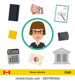 Businesswoman character with objects set (money, calculator, notes, coins, wallet, statistical graphics). Canadian dollar banknote Business concept vector illustration.