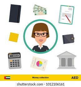 Businesswoman character with objects set (money, calculator, notes, coins, wallet, statistical graphics). Dirham banknote Business concept vector illustration.