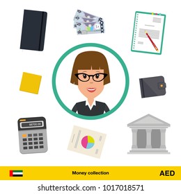 Businesswoman character with objects set (money, calculator, notes, coins, wallet, statistical graphics). Dirham banknote Business concept vector illustration.