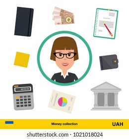 Businesswoman character with objects set (money, calculator, notes, coins, wallet, statistical graphics).  hryvnia banknote Business concept vector illustration.