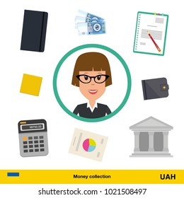 Businesswoman character with objects set (money, calculator, notes, coins, wallet, statistical graphics).  hryvnia banknote Business concept vector illustration.