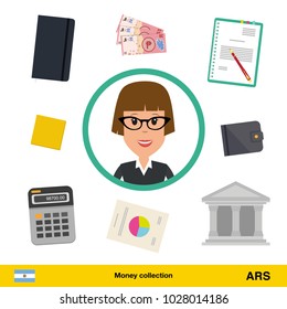 Businesswoman character with objects set (money, calculator, notes, coins, wallet, statistical graphics). Peso banknote Business concept vector illustration.