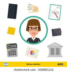 Businesswoman character with objects set (money, calculator, notes, coins, wallet, statistical graphics). Peso banknote Business concept vector illustration.