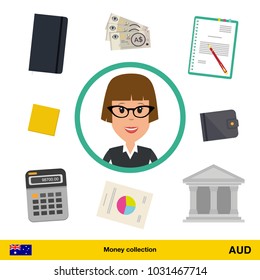 Businesswoman character with objects set (money, calculator, notes, coins, wallet, statistical graphics). Australian dollar banknote Business concept vector illustration.