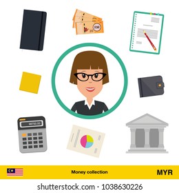 Businesswoman character with objects set (money, calculator, notes, coins, wallet, statistical graphics). Ringgit banknote Business concept vector illustration.