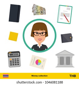 Businesswoman character with objects set (money, calculator, notes, coins, wallet, statistical graphics). Thai baht banknote Business concept vector illustration.

