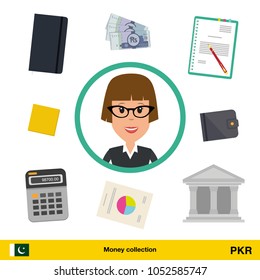 Businesswoman character with objects set (money, calculator, notes, coins, wallet, statistical graphics). Pakistan rupee banknote Business concept vector illustration.
