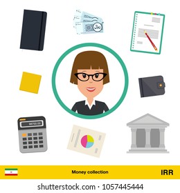 Businesswoman character with objects set (money, calculator, notes, coins, wallet, statistical graphics). Iranian rial banknote Business concept vector illustration.


