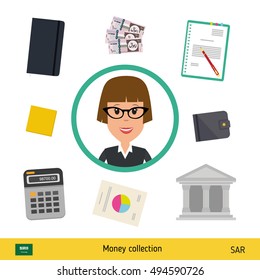 Businesswoman character with objects set (money, calculator, notes, coins, wallet, statistical graphics). Saudi Arabian Riyal banknote Business concept vector illustration.