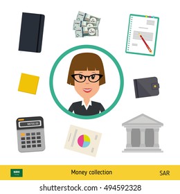 Businesswoman character with objects set (money, calculator, notes, coins, wallet, statistical graphics). Saudi Arabian Riyal banknote Business concept vector illustration.