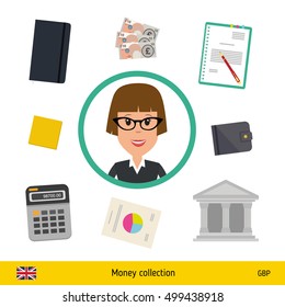 Businesswoman character with objects set (money, calculator, notes, coins, wallet, statistical graphics). British pound banknote Business concept vector illustration.