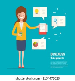 businesswoman character to office job operation. business statistic infographic.