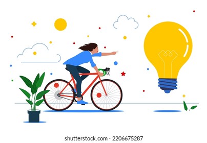 Businesswoman Character on a bike Getting Idea as a Lightbulb. Symbol of Leadership, New Idea, Innovations, Success, Happiness, Brainstorming. Flat vector illustration.