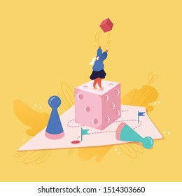 Businesswoman character playing Dice. Business Planning, Risk and Strategy Concept. People woman playing Board game, Success, Competition and Leadership. Vector illustration