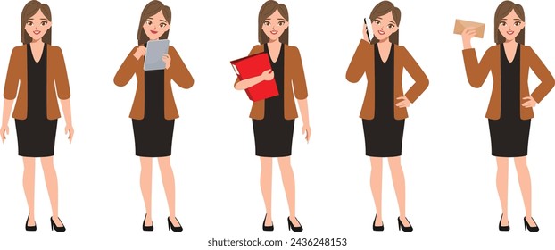 Businesswoman character pose set in green suit uniform. Employee people in job.