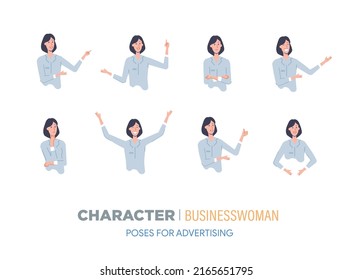 personaje de mujer de negocios posa para publicidad. Creación con diversas visiones, frente a emociones, poses y gestos.