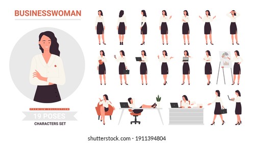 Businesswoman character poses infographic vector illustration set. Cartoon front side and back view of young woman business corporate office worker, lady working on laptop postures isolated on white