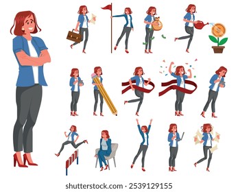 Conjunto De Posturas De Personaje De Mujer De Negocios Con Posturas Seguras, Gestos De Profesional De Mujer Y Posturas Dinámicas, Perfecto Para Mostrar Competencia Y Liderazgo. Ilustración vectorial de Personas de dibujos animados.