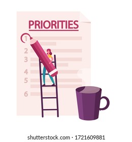 Businesswoman Character Put Marks in Checklist, Organize Priorities, Searching Solution, Planning Deals or Thinking New Ideas. Task Questionnaire List Result, Scheduling. Cartoon Vector Illustration
