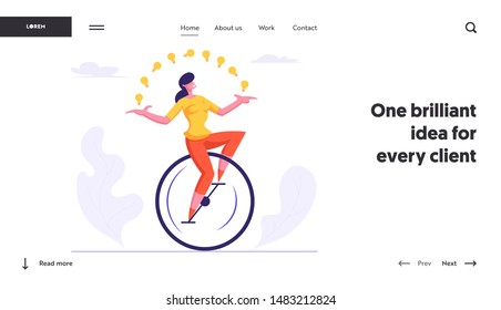 Businesswoman Character Racing Leadership Competition Website Landing Page. Business Woman Riding Monowheel Juggling with Light Bulbs. Creative Idea Web Page Banner. Cartoon Flat Vector Illustration
