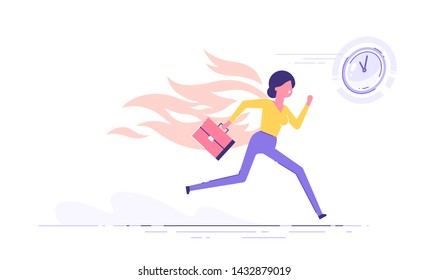 Caracter de mujer de negocios corre con la espalda en llamas. Hora límite y hora punta.Ilustración vectorial.