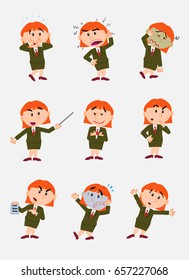 businesswoman character. Set with 9 variations for design work and animation.The character is angry, sad, happy, doubting…  Vector illustration to isolated and funny cartoons characters.
