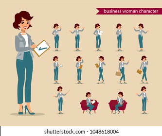 Businesswoman character set. Animate character. Young lady personage constructor. Different woman postures. Vector set personage.