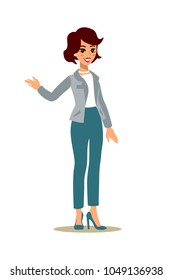 Businesswoman character set. Animate character. Young lady personage. Different woman postures. Vector cartoon personage.