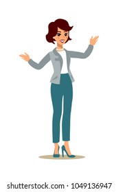 Businesswoman character set. Animate character. Young lady personage. Different woman postures. Vector cartoon personage.