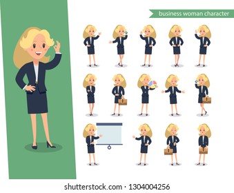 Businesswoman character set. Animate character. Young lady personage constructor. Different woman postures. Vector set personage.usinesswoman working character design set. Vector design.