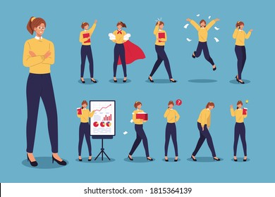 Businesswoman character set. Business people doing different actions