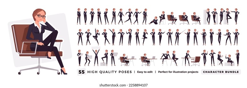 Businesswoman character set, corporate business bundle. Office girl, female manager workwear, poses, emotions, various office situations. Vector flat style cartoon character isolated, white background