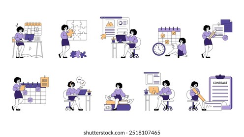 Businesswoman character set. Efficient office workflow and task management. Daily routines, project planning, and contract signing. Vector illustration.