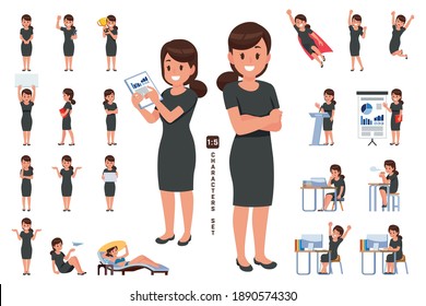 businesswoman character set in five head to body ratio scale. Working and general situation pose of staff.