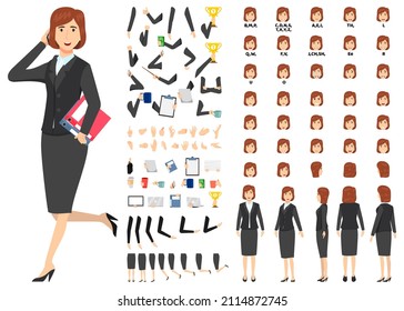 Businesswoman character set front, side, back view animated character creation set with various views, face emotions, poses and gestures lip sync for mouth animation