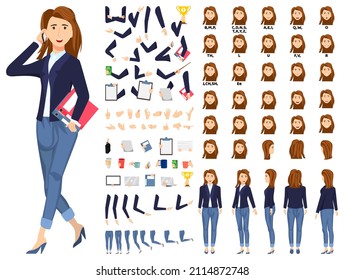 Businesswoman character set front, side, back view animated character creation set with various views, face emotions, poses and gestures lip sync for mouth animation posing talking isolated