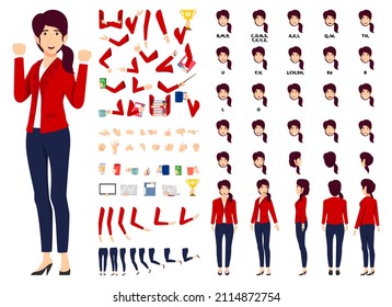 Businesswoman character set front, side, back view animated character creation set with various views, face emotions, poses and gestures lip sync for mouth animation posing isolated