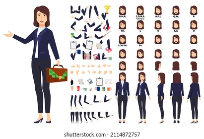 Businesswoman character set front, side, back view animated character creation set with various views, face emotions, poses and gestures lip sync for mouth animation posing