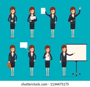 businesswoman character set in job function pose. cartoon people in office worker flat design.
