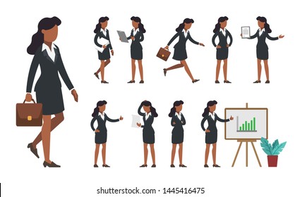 Businesswoman character set. Office african american woman in black suit walking with suitcase bag, papers, hurry running, thinking, showing presentation, thumb up isolated on white background.