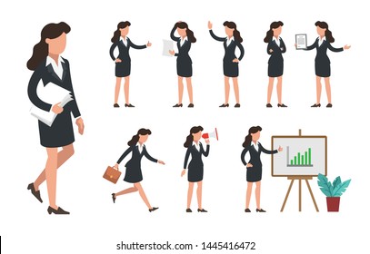 Juego de personajes de mujer de negocios. Mujer de oficina con traje negro caminando con papeles, correr con prisa con maleta, mostrar presentación, pulgar aislado sobre fondo blanco. Ilustración vectorial plana.