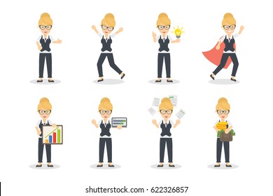 Businesswoman character set on white background. Blonde woman.