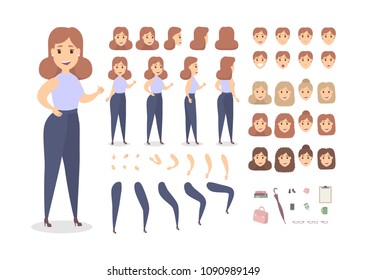 Businesswoman character set. Poses and emotons on white.